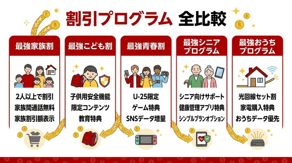 楽天モバイルの割引プログラム全比較|家族・こども・青春・シニア・おうち 5つをまとめて解説
